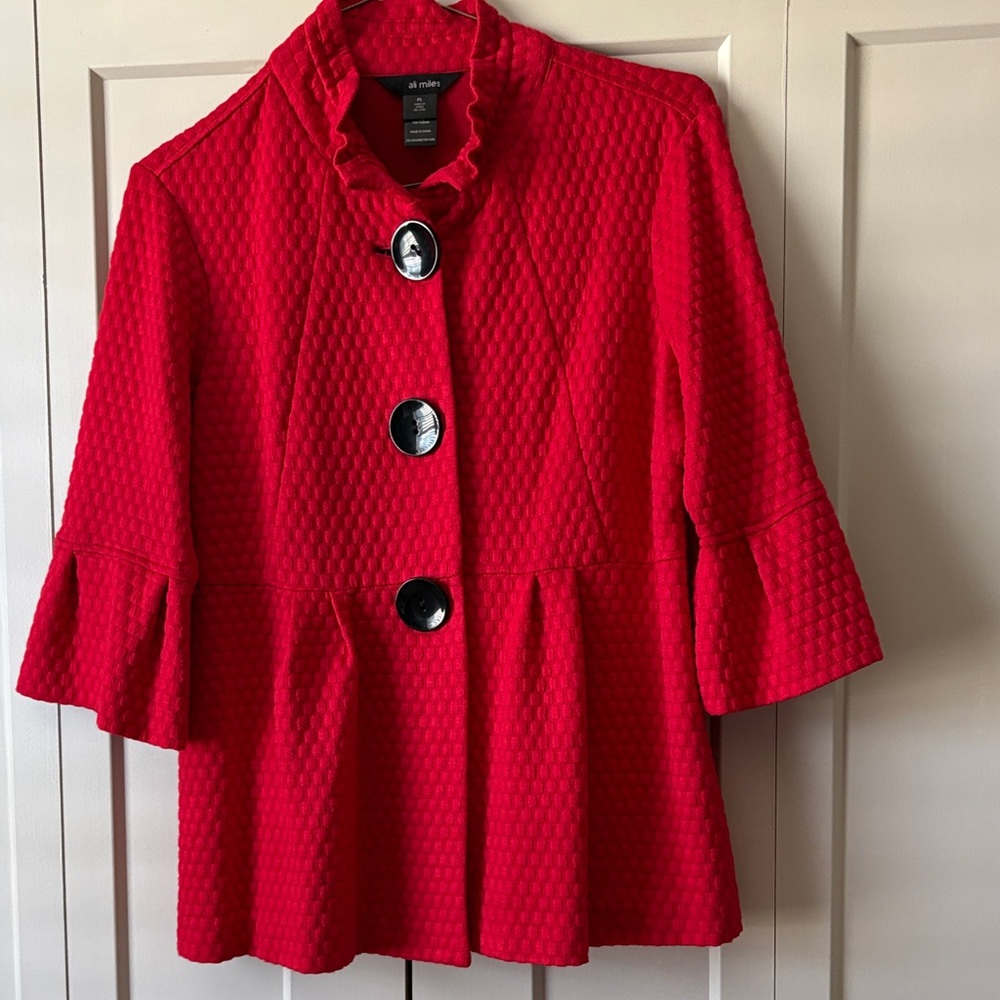 Ali Miles Red Textured Peplum Jacket with Black Accent Buttons